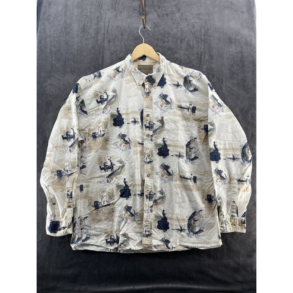 Magellan Sportswear Mens XL Fishing Print Button Down Shirt 100% Cotton